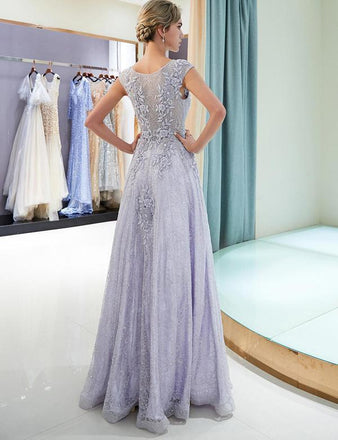 Elegant A Line Scoop Sleeveless Lavender Long Lace Prom Dress with Appliques DMF16
