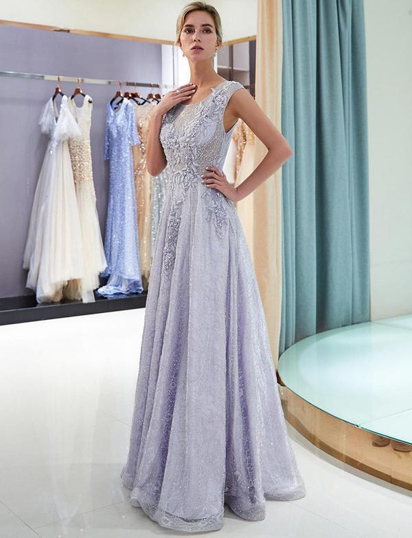 Elegant A Line Scoop Sleeveless Lavender Long Lace Prom Dress with Appliques DMF16