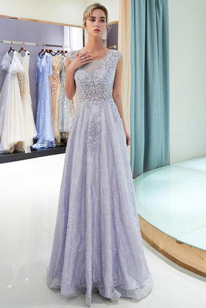 Elegant A Line Scoop Sleeveless Lavender Long Lace Prom Dress with Appliques DMF16