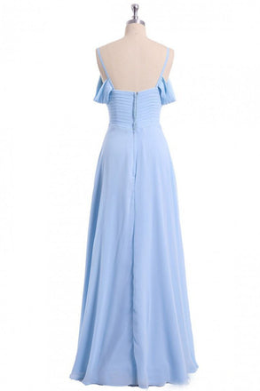 A-line Sky Blue Long Bridesmaid Dress, Off Shoulder Chiffon Long Prom Dress DMO81