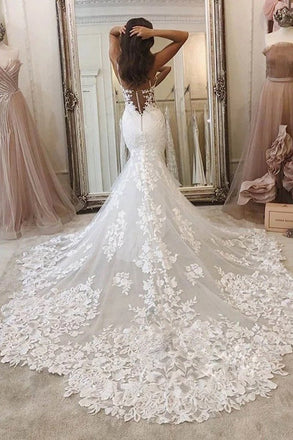 Spaghetti Straps Deep V Neck Mermaid Lace Applique Wedding Dress, Bridal Gowns DMW21