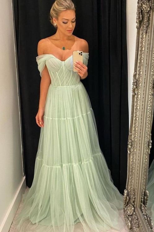 A Line Tulle Off the Shoulder Mint Long Prom Dresses Formal Evening Dress DMP004