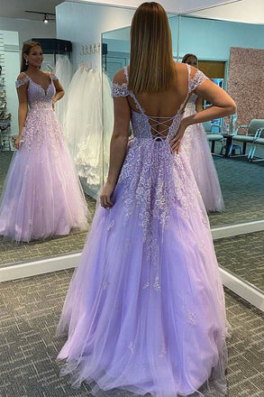 Purple Lace Appliques Tulle Prom Dresses, A Line Formal Evening Dresses DMP046