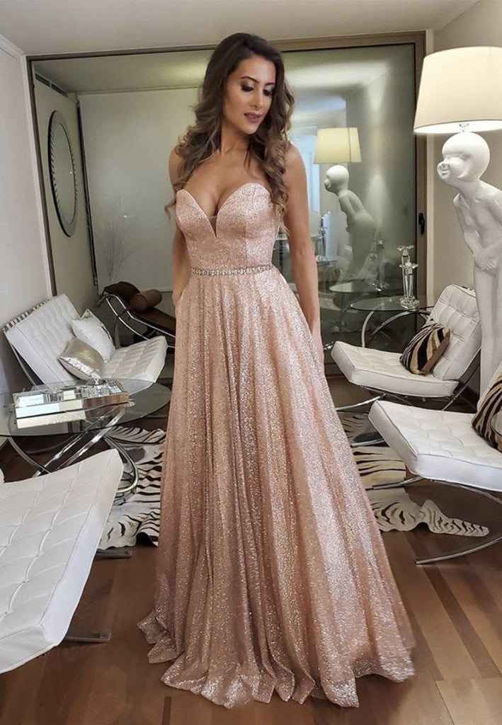 Sweetheart Sequins A Line Long Prom Dresses, Pink Formal Evening Gown DMP073