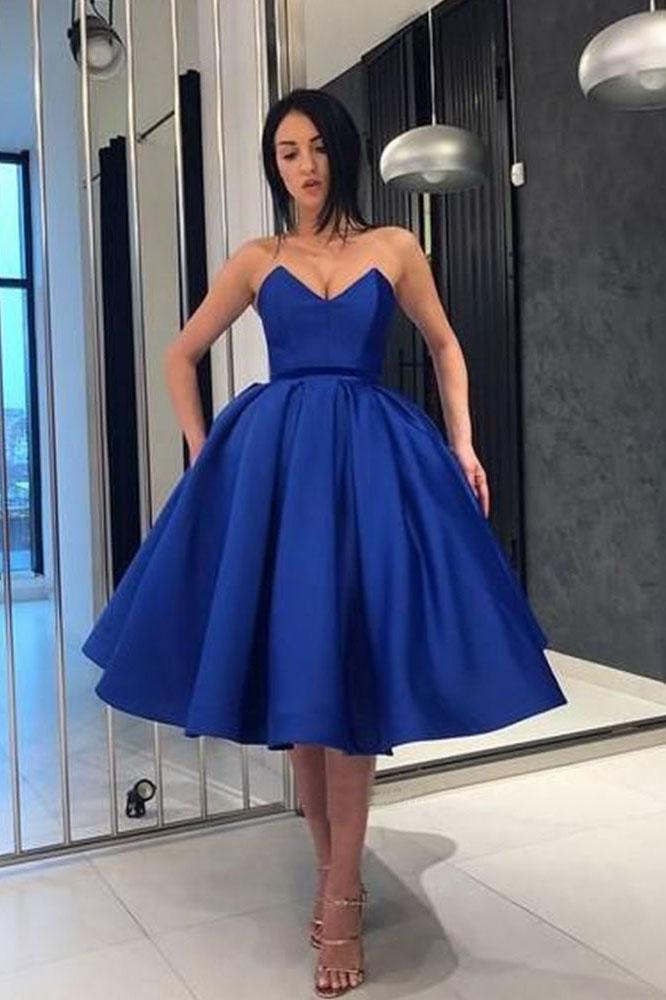 Ball Gown V Neck Royal Blue Strapless Prom Dresses with Pockets, Elegant Homecoming Dresses DMM64