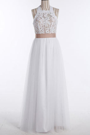 Simple Jewel Sleeveless Floor-Length Wedding Dresses,Lace Top White Wedding Gown DM537