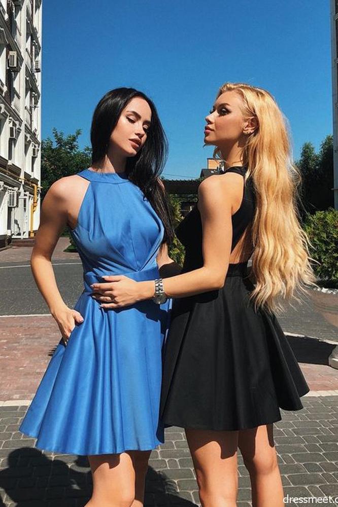 Cute A Line Open Back Satin Blue Short Homecoming Dresses with Pockets DMD48