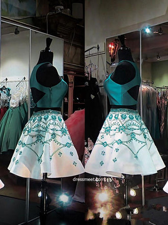 Cute A Line Two Piece Turquoise Short Homecoming Dresses with Beading DMD41