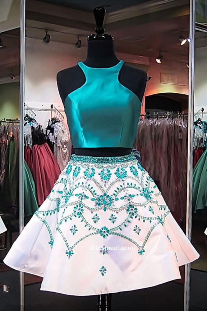 Cute A Line Two Piece Turquoise Short Homecoming Dresses with Beading DMD41