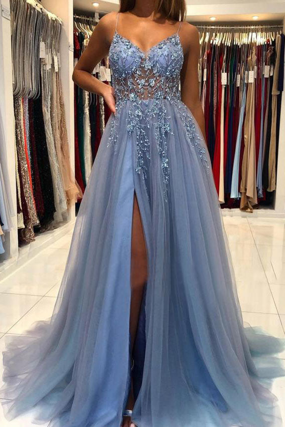 A Line Blue V Neck Tulle Beads Long Prom Dress Formal Evening Dress DMP011