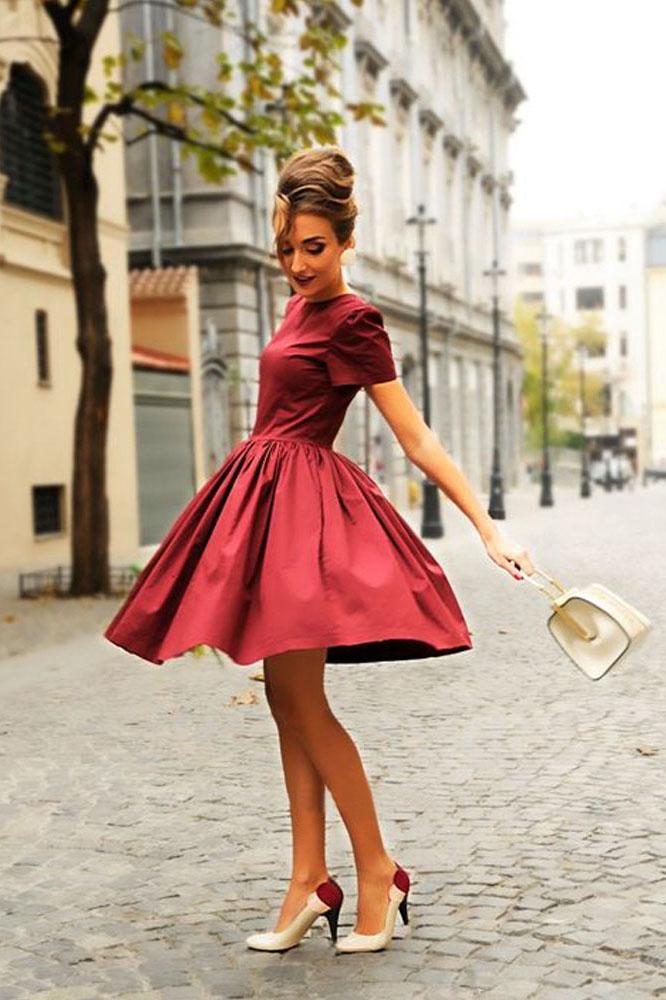 Cute A Line Short Sleeves Burgudny Homecoming Dresses, Elegant Evening Dresses DMM59