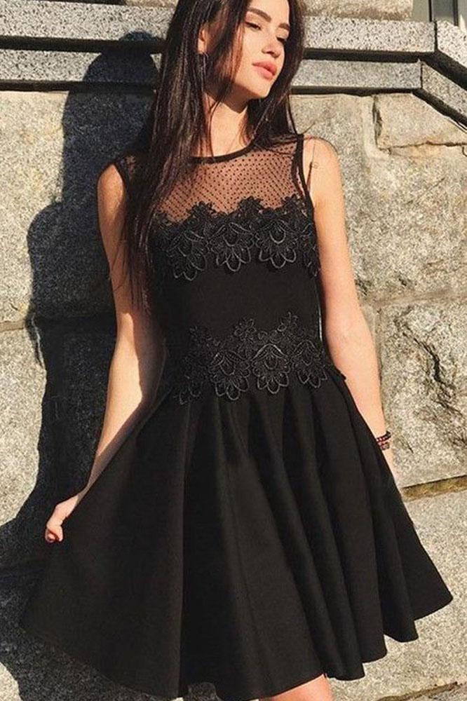 Cute A Line Round Neck Black Lace Short Homecoming Dresses, Little Black Dresses DMM58
