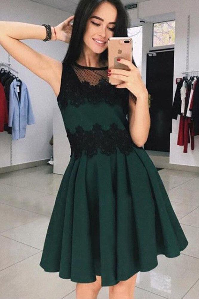 Cute A Line Round Neck Black Lace Short Homecoming Dresses, Little Black Dresses DMM58