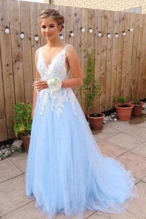 Gorgeous A Line V Neck Backless Sky Blue Tulle Long Prom Dresses DMF27