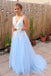 Gorgeous A Line V Neck Backless Sky Blue Tulle Long Prom Dresses DMF27