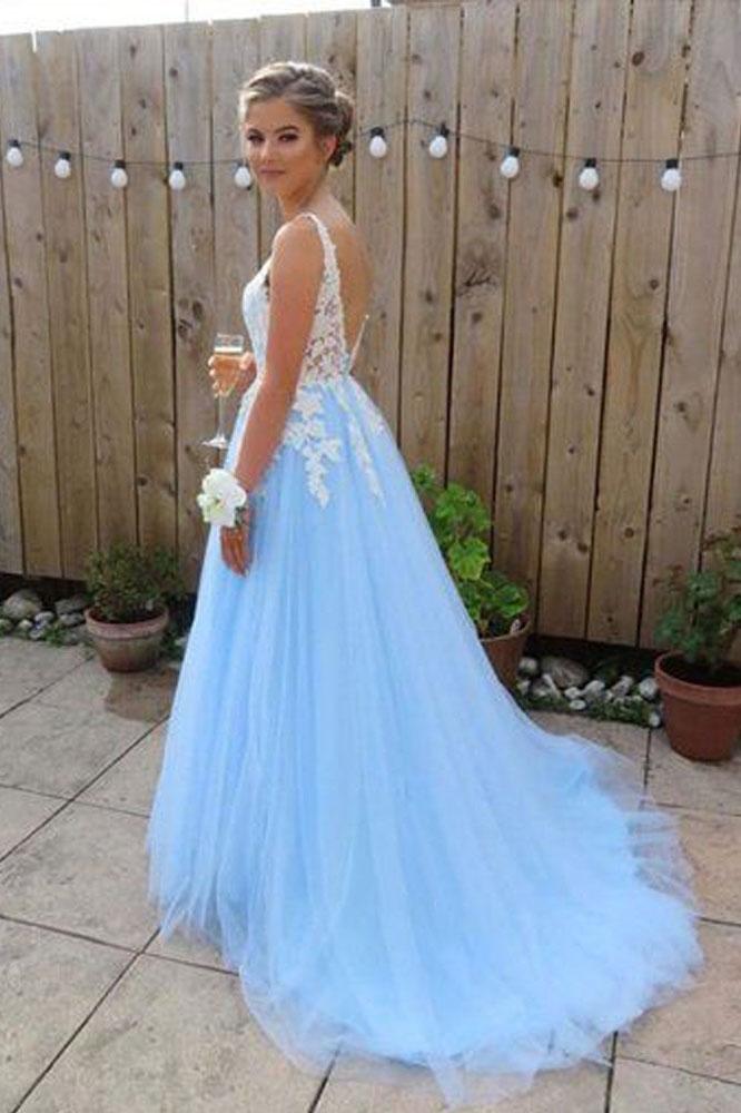 Gorgeous A Line V Neck Backless Sky Blue Tulle Long Prom Dresses DMF27
