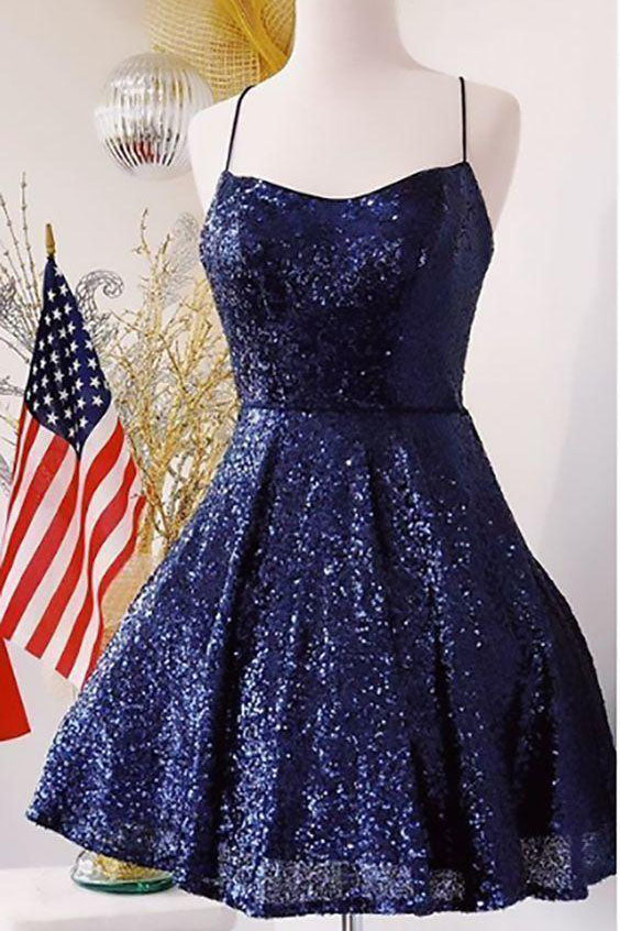 Sparkly Navy Blue A Line Spaghetti Straps Sequin Mini Homecoming Dresses DMHD5