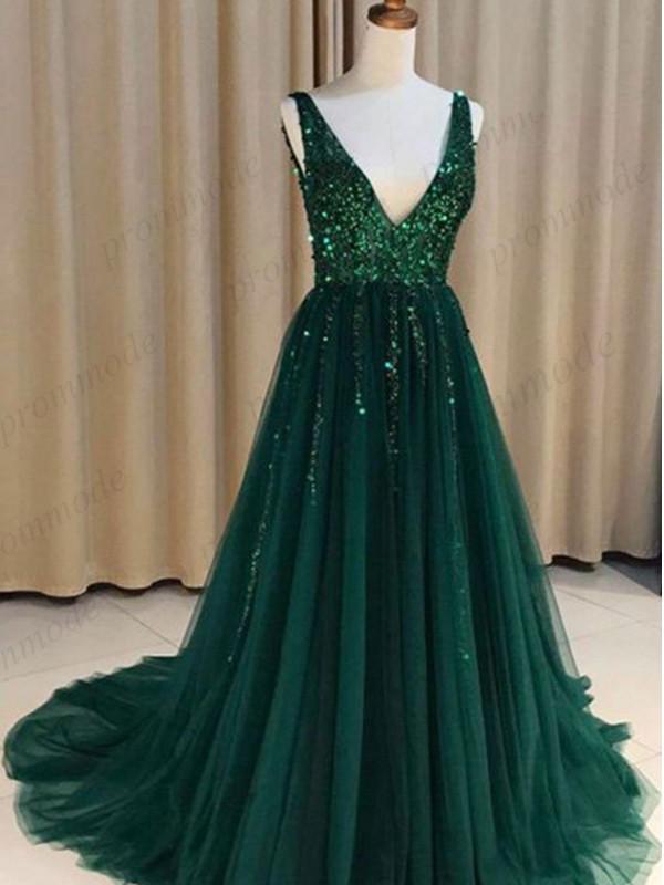 Sexy V-nevk V-back Green Tulle Evening Dresses,Cheap Long A Line Prom Dresses DMI54