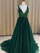Sexy V-nevk V-back Green Tulle Evening Dresses,Cheap Long A Line Prom Dresses DMI54
