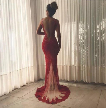 Sexy Backless Burgundy Lace High Slit Deep V Neck Mermaid Long Prom Dresses DMA6