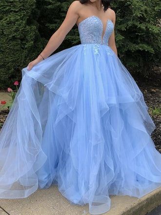 A-line Fluffy Sky Blue Lace Top Fashion Prom Dress, Strapless Tulle Evening Dresses DMP133