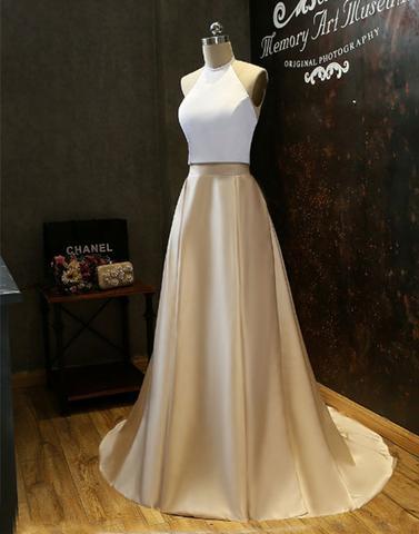Simple Two-Piece Gold Halter Long Prom Evening Dress With White Top DM600