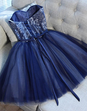 Cute Navy Blue Sweetheart Tulle Beaded Appliques Short Homecoming Dress DMD45