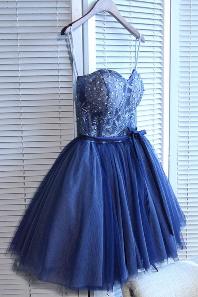 Cute Navy Blue Sweetheart Tulle Beaded Appliques Short Homecoming Dress DMD45