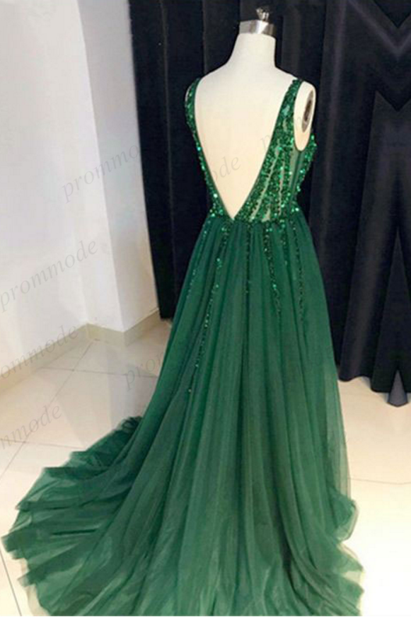 Sexy V-nevk V-back Green Tulle Evening Dresses,Cheap Long A Line Prom Dresses DMI54