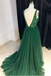 Sexy V-nevk V-back Green Tulle Evening Dresses,Cheap Long A Line Prom Dresses DMI54