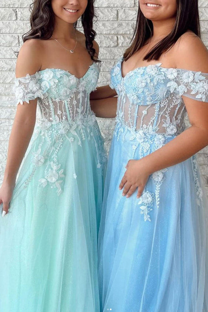 Mint Green Tulle Flowers Applique Long Prom Dresses Off the Shoulder A line Evening Dress DMP107