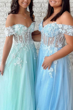 Mint Green Tulle Flowers Applique Long Prom Dresses Off the Shoulder A line Evening Dress DMP107