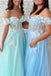 Mint Green Tulle Flowers Applique Long Prom Dresses Off the Shoulder A line Evening Dress DMP107