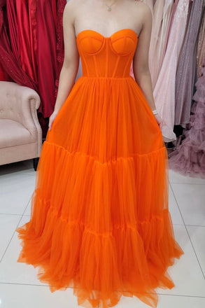 Orange A Line Tulle Long Prom Dress Strpless Formal Evening Dresses DMP130