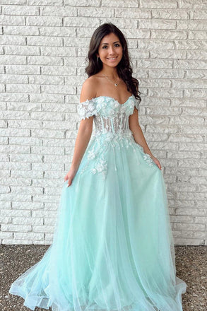 Mint Green Tulle Flowers Applique Long Prom Dresses Off the Shoulder A line Evening Dress DMP107