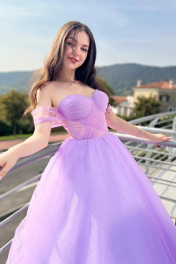 Lavender Tulle Long A-Line Prom Dress, Off Shoulder Evening Party Dress DMP290