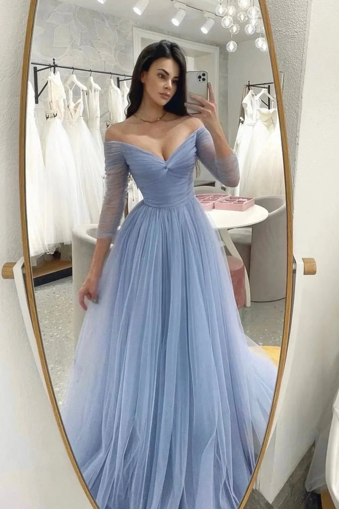 Light Blue 3/4 Sleeves V Neck Long Prom Dresses, A Line Tulle Formal Evening Dresses DMP337