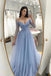 Light Blue 3/4 Sleeves V Neck Long Prom Dresses, A Line Tulle Formal Evening Dresses DMP337