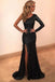 Black One Shoulder Long Sleeves Mermaid Sequins Long Prom Dresses with Slit DMP020