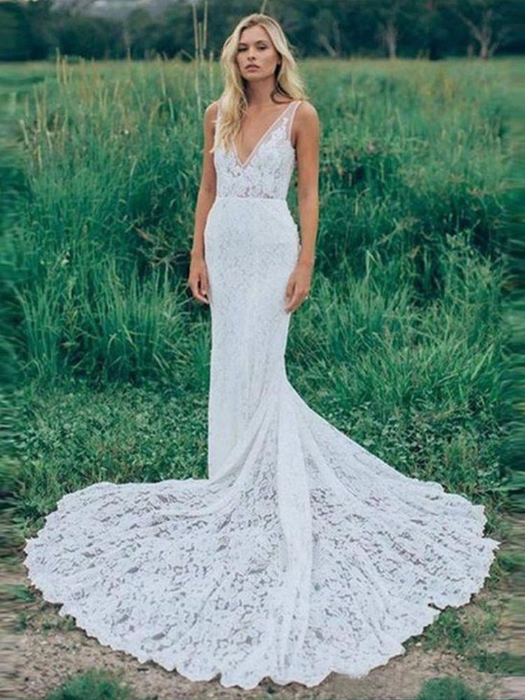 Mermaid V Neck Backless White Lace Long Wedding Dresses,Beach Boho Wedding Dresses DMF76