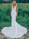 Mermaid V Neck Backless White Lace Long Wedding Dresses,Beach Boho Wedding Dresses DMF76