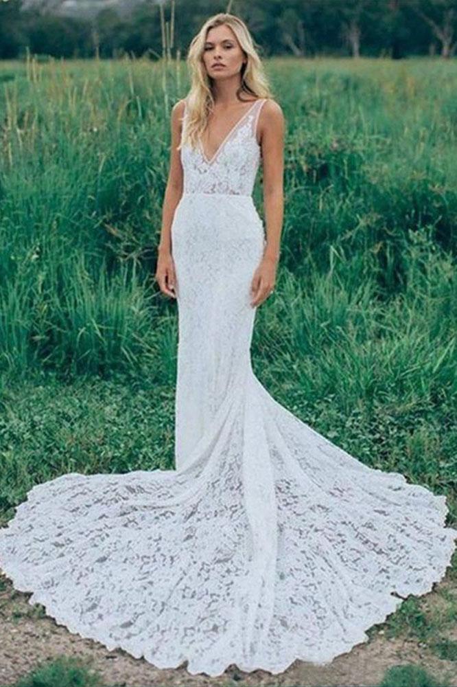 Mermaid V Neck Backless White Lace Long Wedding Dresses,Beach Boho Wedding Dresses DMF76