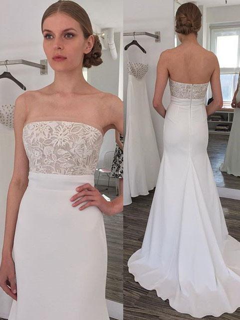 Simple Strapless Mermaid Long Wedding Dress with Sweep Train DML46