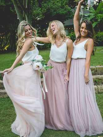 Gorgeous Two Piece Pink Tulle Long Bridesmaid Dress with White Top DMM95