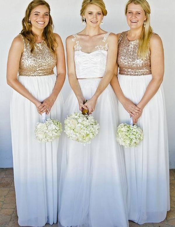 Sequins Top Off White Long Chiffon Bridesmaid Dress DMM94