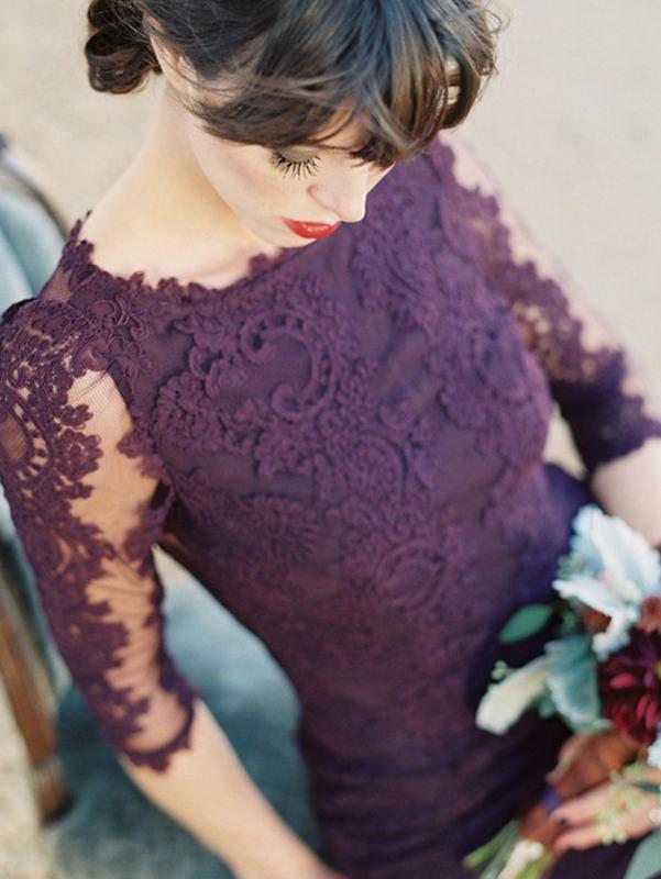 Gorgeous Half Sleeves Mermaid Long Purple Lace Open Back Bridesmaid Dress DM504