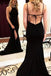 Charming Mermaid Halter Cross Back Split Black Long Prom Dresses DMF10