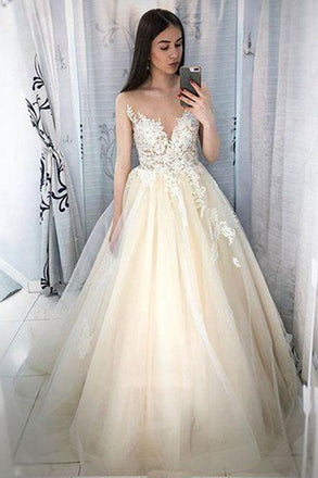 Charming Ball Gown Lace Appliques Long Prom Dresses, Elegant Evening Dresses DMF9