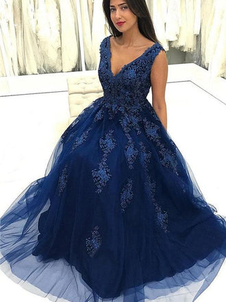 Charming V Neck Navy Blue Lace Appliques Long Prom Dresses, Elegant Evening Dresses DMG7