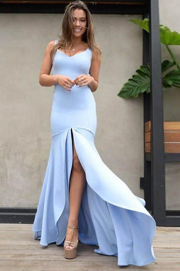 Mermaid V Neck Straps Backless Light Blue Satin Prom Dress with Split DME85